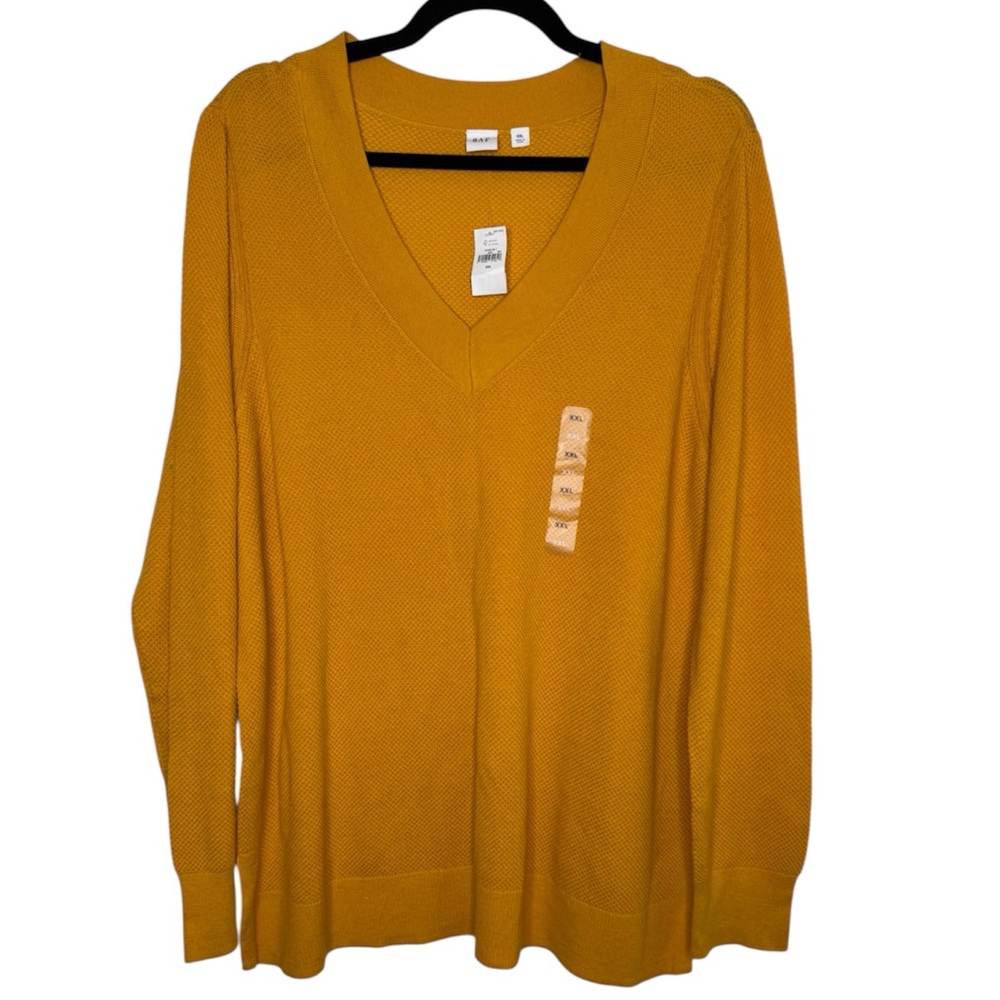 Gap womens 2X orange yellow waffle knit V-neck sweatshirt top boho office casual